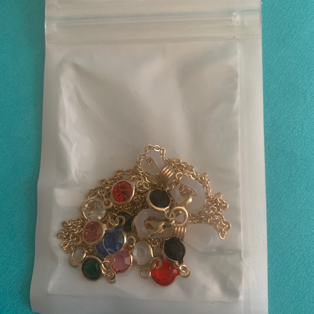 Eye glass or face mask chain multi crystals, goldtone grippers nice gift 32”